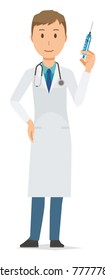 A young male doctor wearing a white suit has a syringe