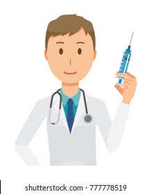 A young male doctor wearing a white suit has a syringe