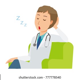 A young male doctor wearing a white coat is sitting on a sofa and being dozing off