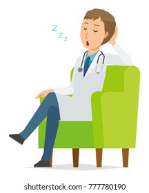 A young male doctor wearing a white coat is sitting on a sofa and being dozing off