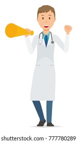 A young male doctor wearing a white suit has a megaphone