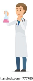 Young male doctor in white coat has erlenmeyer flask