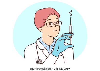 Joven médico de uniforme blanco sostiene jeringa lista para inyección. Muchos terapeutas o médicos generales inyectan medicamentos o drogas. Medicina y salud. Ilustración vectorial.