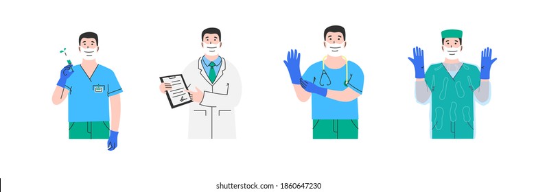 Young male doctors in masks are ready to fight diseases. Protectors who are ready to take on the most severe cases. Set of Hand drawn trendy Vector illustrations