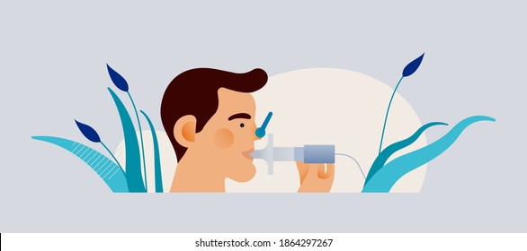 Young Male Doing Pulmonary Function Test on Abstract Background. Modern Flat Vector Illustration. Lung Function Test on Patient.