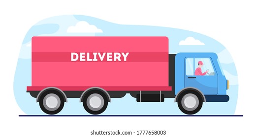 Young male driver driving lorry with cargo. Truck, hauler, worldwide flat vector illustration. Delivery service and shipping concept for banner, website design or landing web page