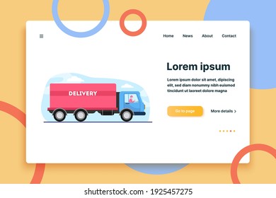 Young male driver driving lorry with cargo. Truck, hauler, worldwide flat vector illustration. Delivery service and shipping concept for banner, website design or landing web page