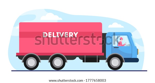 Young male\
driver driving lorry with cargo. Truck, hauler, worldwide flat\
vector illustration. Delivery service and shipping concept for\
banner, website design or landing web\
page