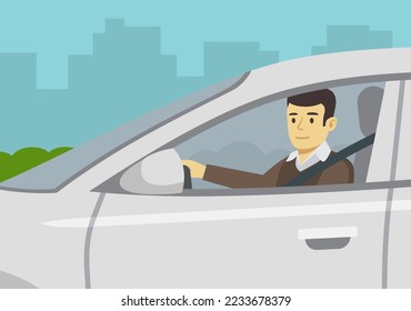 El joven conductor masculino está mirando a través de una ventana abierta. Cierre del conductor masculino con cinturón de seguridad. Plantilla de ilustración vectorial plana.