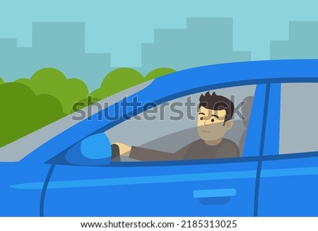 Young male driver is looking through an open driver's window. Character rolls down a front driver's side window and looks out. Close-up view. Flat vector illustration template.