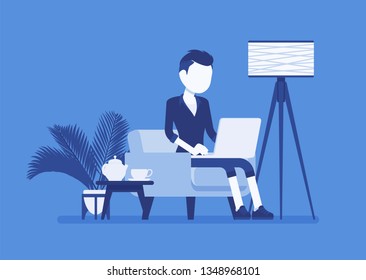 Young male employee working from home. Happy freelance worker, self-employed in comfortable remote location workspace, homeworking, career in telecommuting job. Vector illustration, faceless character