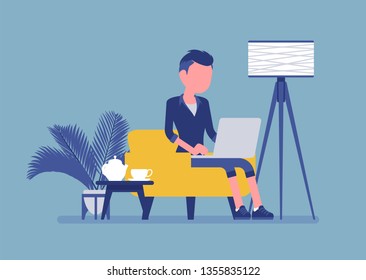 Young male employee working from home. Happy freelance worker, self-employed in comfortable remote location workspace, homeworking, career in telecommuting job. Vector illustration, faceless character