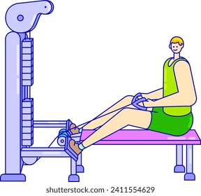 Young male exercising on rowing machine at gym. Sportive person working out for fitness. Health and exercise, gym workout routine vector illustration.