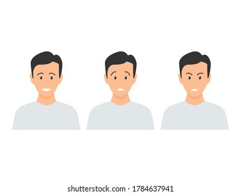 Young male facial emoji set. Happy, sad and angry men emotions collection vector illustration in cartoon style isolated on white.