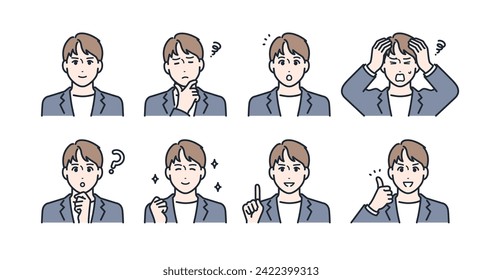 Young male facial expression icon illustration set material