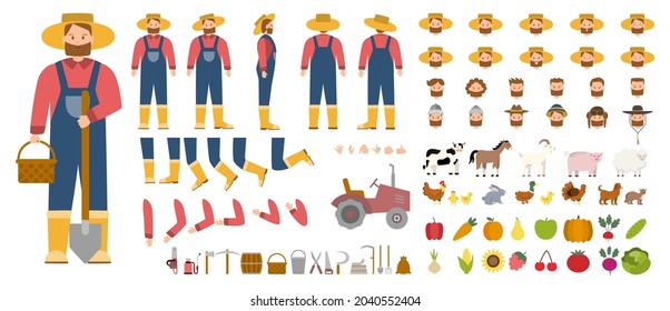 Young male farmer constructor set. Person working on a farm. Character working on the field. Agriculture utensils and vehicles. Farm animals and birds. Flat vector flat illustration