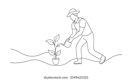 
Young male farmer planting plant shoots in the ground continuous line art isolated on white background