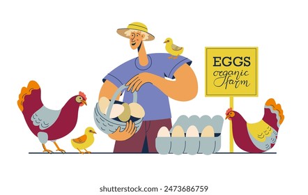Young male farmer presenting and selling organic eggs. Man with basket of organic chicken eggs