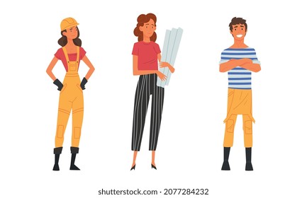 Young Male and Female Architect and Engineer Worker in Overall and Hard Hat Standing with Draft and Blueprint Vector Set