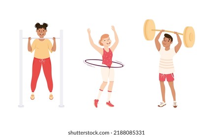 Young Male and Female in Athletic Wear at Gym Doing Physical Exercise and Workout Vector Set