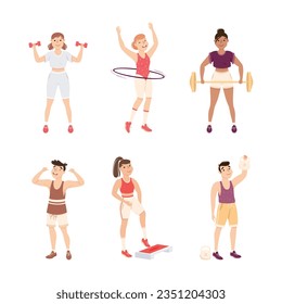 Young Male and Female in Athletic Wear at Gym Doing Physical Exercise and Workout Vector Illustration Set