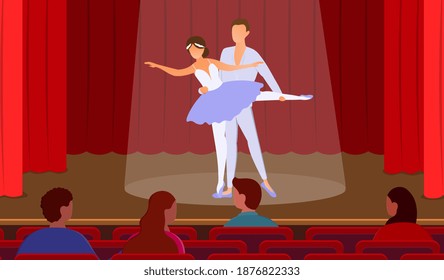 Young male and female ballet dancers performing on stage. Ballerina with partner. Concept of beautiful and artistic ballet performance with spectators watching. Flat cartoon vector illustration