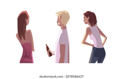 Young Male and Female with Bottle of Beer Drinking Alcohol on Friday Evening Vector Set