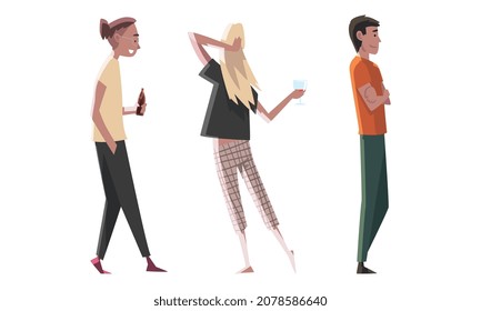 Young Male and Female with Bottle of Beer Drinking Alcohol on Friday Evening Vector Set