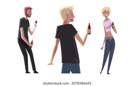 Young Male and Female with Bottle of Beer Drinking Alcohol on Friday Evening Vector Set