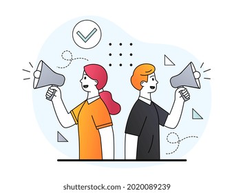 Young male and female business characters are shouting in megaphone for getting attention. Concept of announcement, speaker, advertising. People speaking loudly. Flat cartoon vector illustration