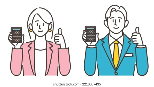 Young male and female businessperson calculating on a calculator [Vector illustration].