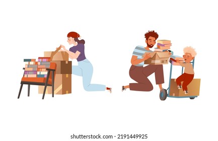Young Male and Female with Cardboard Boxes Packing Stuff for Relocation Vector Set