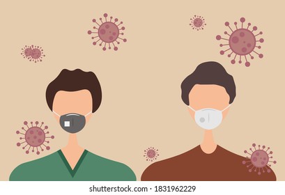 Young male and female character with protective mask, prevention spread coronavirus covid 19 vector illustration