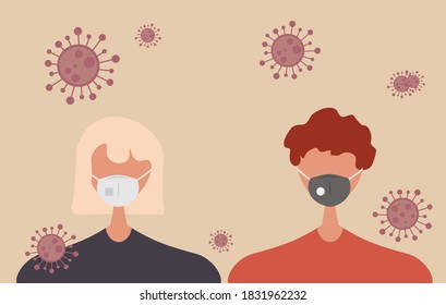 Young male and female character with protective mask, prevention spread coronavirus covid 19 vector illustration