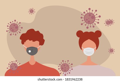 Young male and female character with protective mask, prevention spread coronavirus covid 19 vector illustration