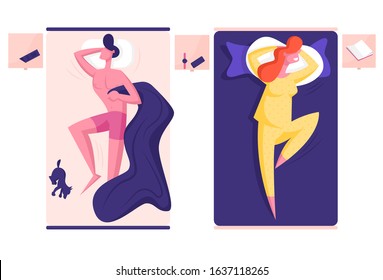 Young Male and Female Character Sleeping on Separated Beds. Naked Man Hugging Blanket, Little Dog Lying beside, Woman Wearing Pajama Sleep with Hands under Head. Cartoon Flat Vector Illustration