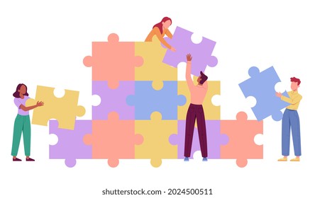 Young male and female characters are assembling giant jigsaw puzzle together. Concept of teamwork and employee cooperation. Colleagues supporting each other. Flat cartoon vector illustration