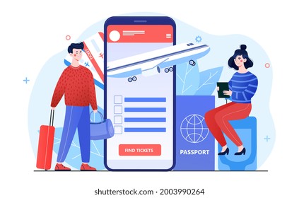 Young male and female characters are buying travelling tickets online in smartphone application. Concept of online airline application for travellers. Flat cartoon vector illustration