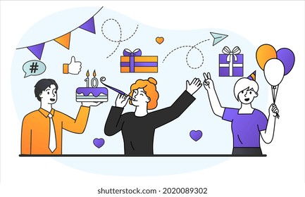 Young male and female characters are celebraing friends birthday together. Group of young people holding baloons and birthday cake for friend in decorated room. Flat cartoon vector illustration