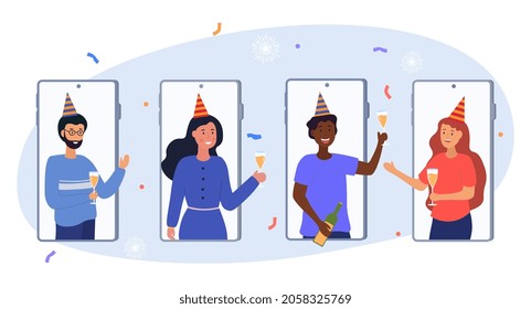 Young male and female characters are celebrating new year together online on smartphone. Concept of party online, video call. New Year during quarantine, isolation. Flat cartoon vector illustration