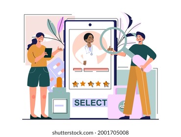 Young male and female characters are choosing a family therapist together. Young family searching for a therapist on smartphone application to maintain mental health. Flat cartoon vector illustration