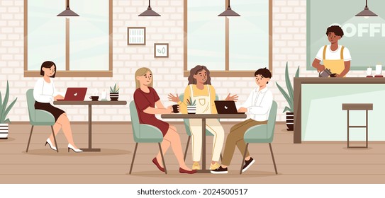 Young male and female characters are communicating and working in a coffeehouse. Group of people sitting together with laptop and coworking at cafe. Coworking office. Flat cartoon vector illustration