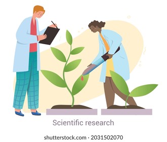 Young male and female characters are conducting scientific research on white background. Concept of medical people making scientific experements in lab. Flat cartoon vector illustration