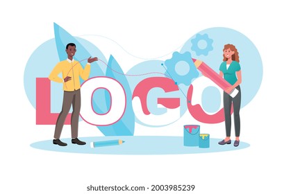 Young male and female characters are designing logo together in studio. Concept of logo creation process, branding design process. Man and woman using design tools. Flat cartoon vector illustration