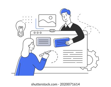 Young male and female characters are editing document in office together. Concept of scenes with men and women taking part in everyday business activities. Flat cartoon vector illustration