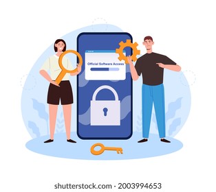 Young male and female characters are gaining official software access together. Woman holding digital security key. Screen with registration and authorization form. Flat cartoon vector illustration