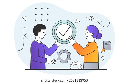 Young male and female characters are holding completed task icon together in hands. Concept of business conection and understanding at workplace. Business metaphor. Flat cartoon vector illustration