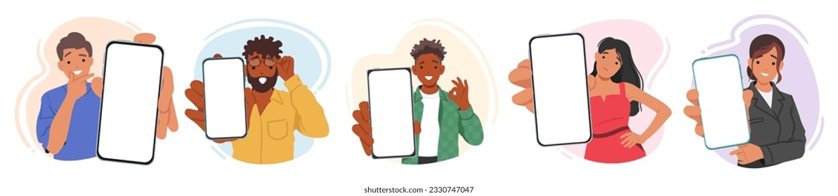 Young Male and Female Characters Holding Smartphones With Blank Screens, Ready For Customization Or App Usage. Modern Communication And Entertainment. Cartoon People Vector Illustration