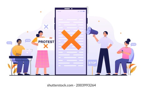 Young male and female characters are participating in social movement. Concept of mass protest, online activism, political rights, social media and discrimination. Flat cartoon vector illustration