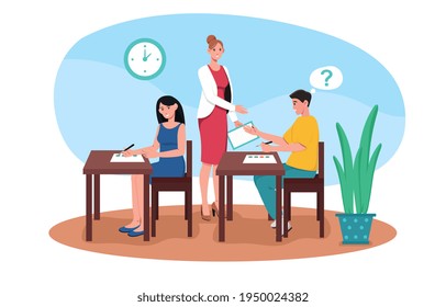 Young Male And Female Characters Are Passing The Exam. Students In The Classroom At Desks With Test Papers On Table. Concept Of Knowledge Testing, Passing An Exam. Flat Cartoon Vector Illustration